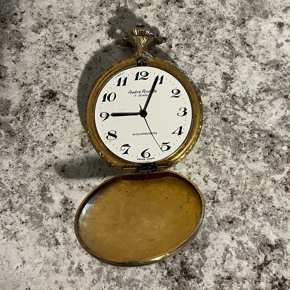 Vintage Andre Rivalle Covered Yellow Gold Plated Art Decor Pocket Watch